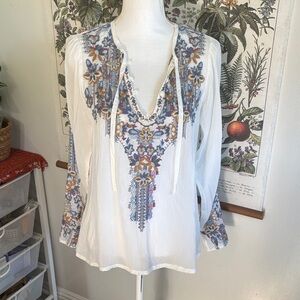 Johnny Was White Tunic with Blue & Gold Floral Embroidery S
